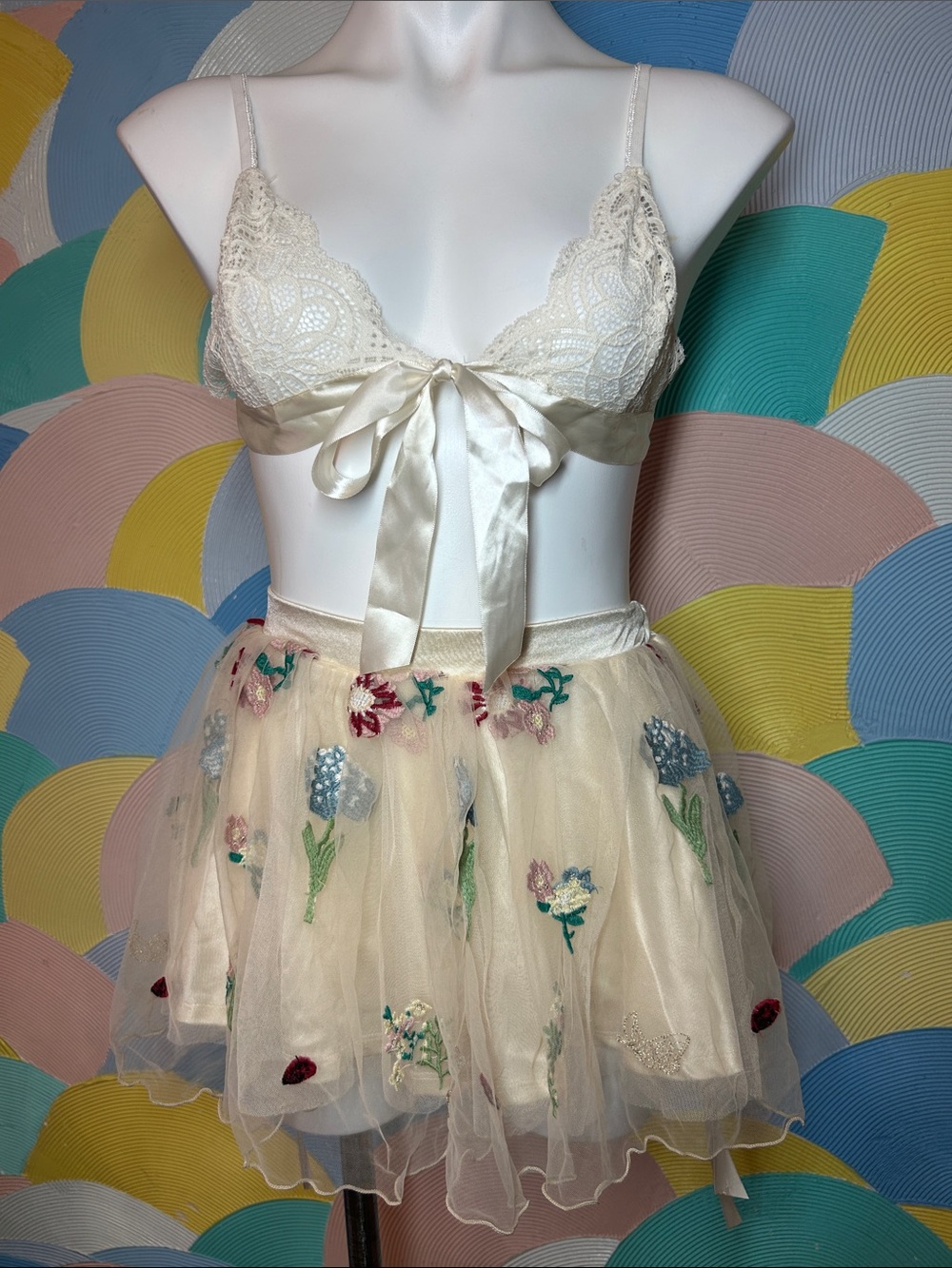 Sugar Thrillz Enchanted Meadow Floral Tulle Mini Skirt with lace set sz S